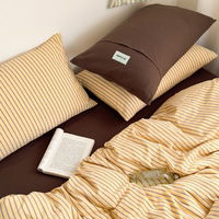 Ensemble de literie 4 pièces en coton lavé percale certifié GOTS, rayures personnalisées, style vintage, drap-housse, drap plat, housse de couette