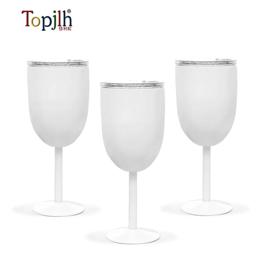 Copa de vino de metal con impresión personalizada en blanco de sublimación al vacío de acero inoxidable de doble pared con tapas de PC a prueba de fugas