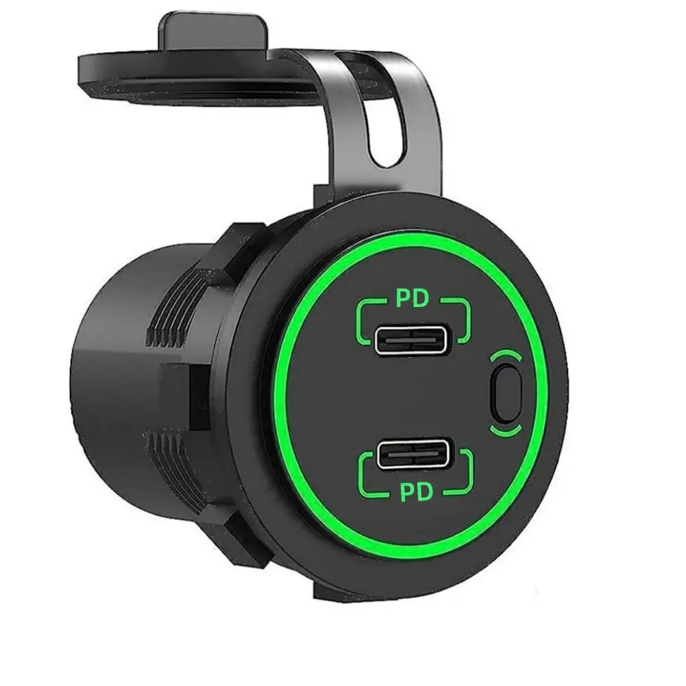 Waterproof Car Charger Socket 55W 12V Dual USB Outlet PD4.0 Type-C and ON/Off Switch USB Car Charger