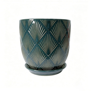 Juego de Macetas de Cerámica Esmaltada en Verde Azulado Intenso Estilo Art Deco con Plato, Macetas de Lujo con Relieve en Forma de Abanico <span class=keywords><strong>para</strong></span> Interiores - Product Image 2