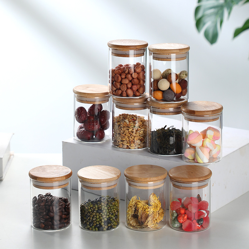 10 pack borosilicate glass jar for storage food heat resistance glass jar with wooden lid for home use