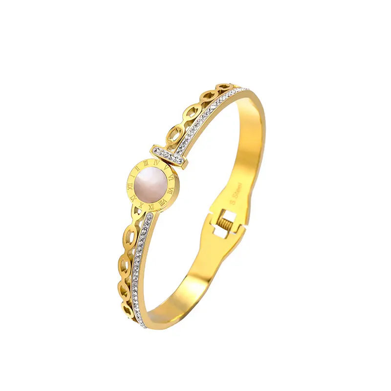 Gelang & gelang untuk wanita perhiasan modis, dilapisi emas angka Romawi kristal putih zirkon 316 baja tahan karat