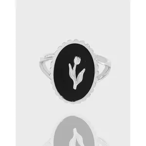 INS Niche Light Luxury Design S925 Sterling Silver Black Agate Gemstone Ring with Geometric Oval Tulip Adjustable Women Jewelry