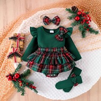 Nouvel arrivage : Ensemble de Noël doux pour bébé, robe barboteuse en coton à manches longues avec nœud, bandeau et chaussettes, collection automne/hiver