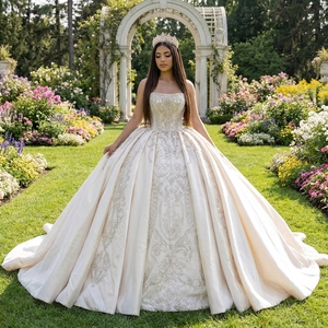 Wx388 Ivory Satin Wedding Dress Strapless Baroque <b>Silver</b> Beaded <b>Sequin</b> Ball Gown With Long Train Jancember - Product Image 1
