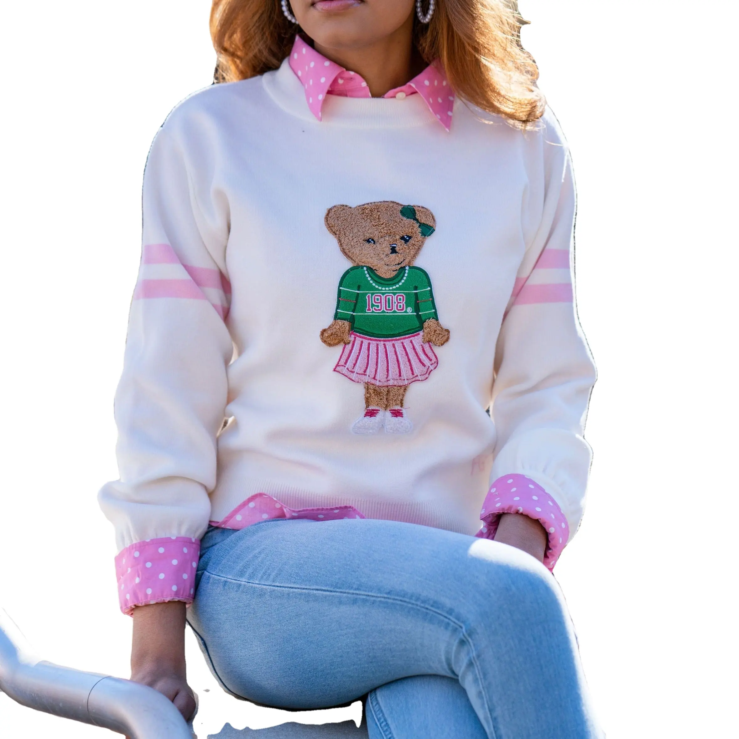 제조 업체 사용자 정의 프레피 베어 셔닐 패치 긴 소매 겨울 가을 여성 풀오버 니트 스웨터