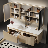 Meuble-lavabo flottant moderne à évier unique, armoire de salle de bain en bois massif avec miroir LED intelligent, évier en céramique anti-éclaboussures