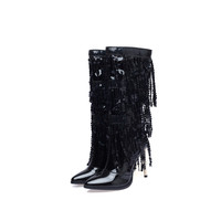 Bottes d'hiver personnalisées OEM ODM à talon aiguille et bout pointu avec pompons, pour femmes, en sequins holographiques et strass, idéales pour les fêtes et banquets