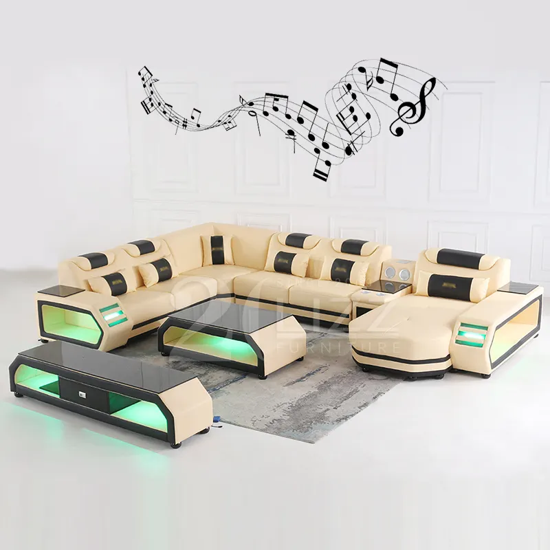 Mobília futurista de couro legítimo italiano, mobiliário em formato de u para sala de estar, sofá com luzes led