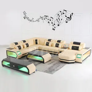 Italian Genuine Leather Futuristic Furniture U Shape Couch Living Room Sectional Sofa With LED Lights