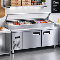 Table de préparation de pizzas en acier inoxydable avec réfrigérateur, bacs supérieurs et couvercle – Plan de travail à 2 portes pour salades, idéal pour les restaurants (1200/1500/1800mm)