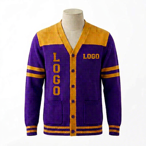 Cardigan universitaire personnalisé Omega Fraternity, violet, col en V, broderie chenille or vieilli, manches longues, coupe classique, hiver - Product Image 1