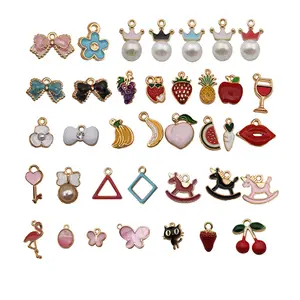 Enamel Bow Pearl Animal Fruit Charms Mixed Apple Pineapple Cherry Strawberry Gold Tone Alloy Jewelry Making Accessory