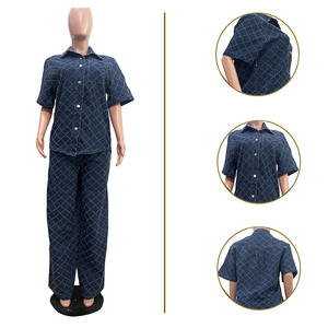 Nouveautés explosives : Ensemble deux pièces décontracté pour femme, pantalon évasé en jean délavé à carreaux, tendance - Product Image 2