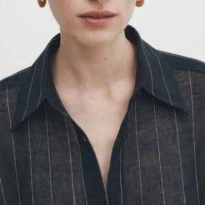 Nueva Llegada OME, Camisa a Rayas Azul Marino 100% Lino, Blusas para Mujer, Camisas de Lino, Blusas Elegantes para Mujer - Product Image 4