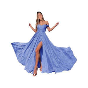 Vestido de noche azul brillante con hombros descubiertos, escote corazón, abertura alta, cintura imperio, largo, para fiesta de graduación - Product Image 1