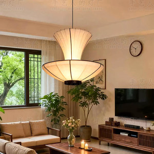 Lustre de salon de style Song, 80 cm, 100 cm, LED tricolore, lumière chaude, design chinois, lampe suspendue en tissu - Product Image 2