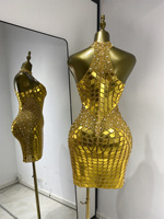 Robe moulante pour femme en strass dorés effet miroir, coupe ajustée, pour soirée et boîte de nuit
