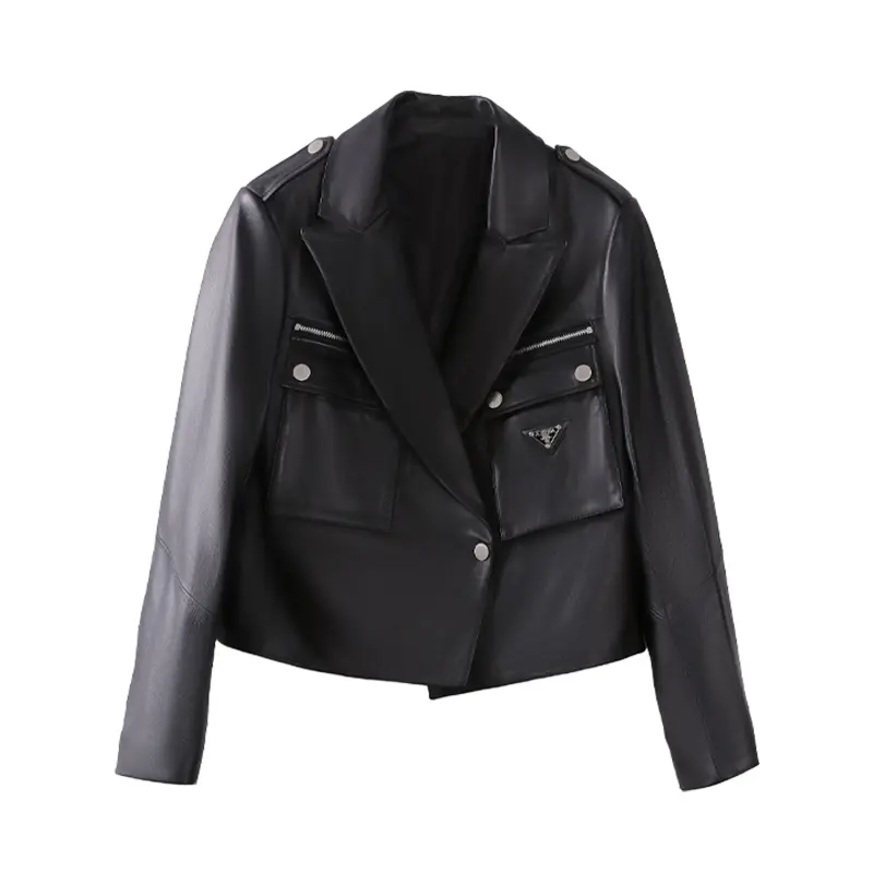 Spring woman leather Coats can custom blue Leather Jacket Long Sleeve Black Solid Color Leather Blazer Women fur coat