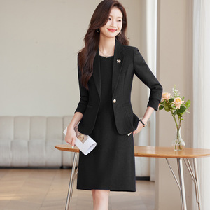 Women's Suit Set Black Midi Dress With Blazer Three Quarter Sleeve Elegant Autumn Wear - Product Image 1