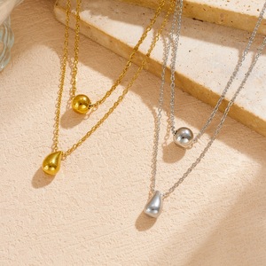 Layered Gold Plated Stainless Steel Necklace Teardrop Ball Pendant Clavicle Chain Daily Wear Gift Jewelry - Product Image 3