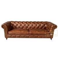 Chesterfield Sofa en cuir noir Antique à boutons profonds avec roulettes, Long ensemble de canapés en cuir marron
