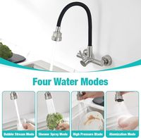 Robinet de cuisine mural, robinetterie murale en acier inoxydable avec 4 types de jets d'eau, robinets de cuisine avec bec flexible
