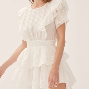 Vestido de malla corto informal de diseñador para mujer, con cuello cuadrado, mangas con volantes y falda plisada, personalizado por fabricantes OEM para verano - Product Image 4