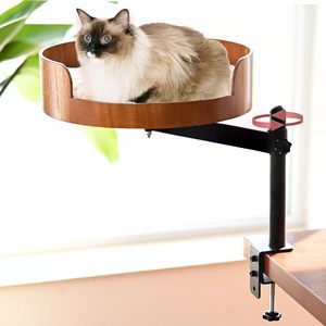 Cama de Escritorio para Gatos - 360 °   Hamaca Giratoria y Ajustable de Madera con Tapete Lavable para Mascotas, Ahorra Espacio para Oficina en Casa/Escritorios de Computadora - Product Image 1