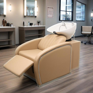 Estación de Lavado de Cabello de Diseño Moderno Suministrada por Fábrica, Sillas de Lavado de Cabello para Salón, Cama de Lavado de Cabello de Cuero PU con Tazón de Cerámica - Product Image 5