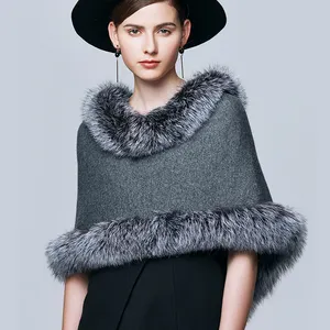 Wholesale Fur Shawl For Woman Winter Cashmere Knitted Shawl capes With Real Fox Fur Poncho