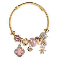 Bracelet à breloques ajustable en alliage électroplaqué, motif trèfle à quatre feuilles et lapin, avec lettres, best-seller transfrontalier