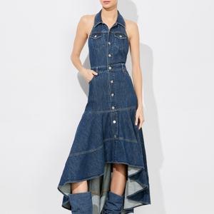 เดรสยีนส์ทรงเอวสูงแขนกุดสำหรับผู้หญิง ขายดี คุณภาพเยี่ยม ดีไซน์หรูหรา แบบไม่มีสายรัดไหล่ ความยาวปานกลาง สไตล์วินเทจสำหรับฤดูร้อน - Product Image 1