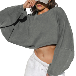 Sudadera con capucha de gran tamaño para mujer, Sudadera con capucha recortada completa de lana, mangas cortas deportivas de punto de viscosa con logotipo personalizado - Product Image 1