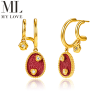 Anting Gantung Oval Berhias Mutiara Ganda dengan Hiasan Bunga Mawar Enamel Merah Berlapis Emas 18K dan Kuningan Berkualitas Tinggi dari Mylove Custom, Grosir