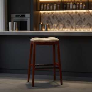 Taburete de Bar de 30 Pulgadas con Acabado en Cerezo, Asiento de Cuero, Diseño Tradicional Moderno, Estructura de Madera, Mueble de Bar para Uso Comercial - Product Image 2