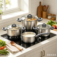 Ensemble de casseroles en acier inoxydable écologique, avec couvercles en verre et poignées en silicone, compatible induction et gaz, passe au lave-vaisselle