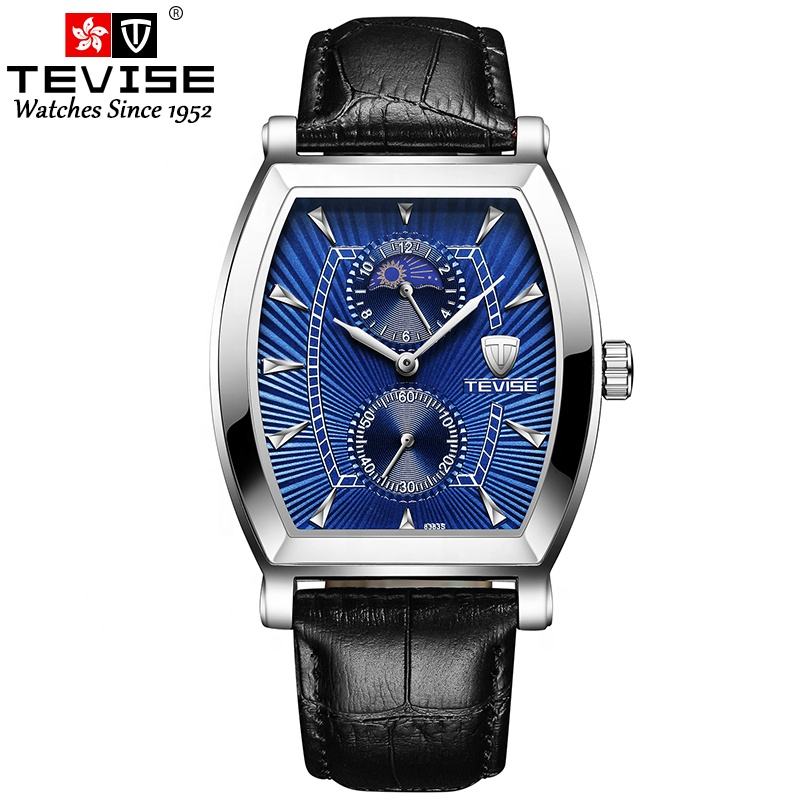 Tevise 8383 Retro Quartz Watch square case Leather Strap 3atm Water  Resistant Elegant Moon Phase Wristwatches