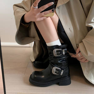 Zapatos de Tacón Medio Grueso, Hechos a Mano, de Cuero Genuino, con Punta Cuadrada, Color Sólido, Elegantes, Retro, Casuales, Impermeables - Product Image 4