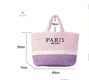 Sac fourre-tout en paille crochetée avec broderie et doublure en coton, style bohème rayé beige, ouverture supérieure, largeur 35 cm, pour le shopping et l'usage quotidien - Product Image 2