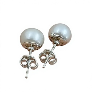 Handmade Round Freshwater Pearl Stud <b>Earrings</b> with Bezel Setting Sterling Silver Bridal Jewelry Elegant Gift for Her - Product Image 1