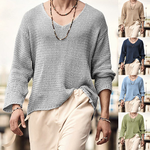 Pull à col en V pour homme, couleur unie, manches longues, tricoté, printemps automne, coupe ajustée, kaki gris bleu foncé MLXLXXLXXXL - Product Image 2