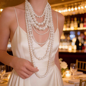 Collar de perlas de imitación blancas para mujer, collar largo con cuentas en capas para vestido - Product Image 1