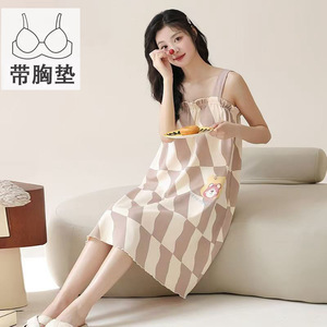 Chemise de nuit d'été pour femmes, avec coussinets de soutien-gorge, longueur moyenne, en soie de lait, style princesse, design de dessin animé, pour jeunes femmes - Product Image 4