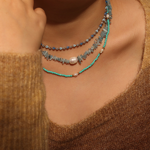 Collier d'été fait main de perles d'eau douce corde élastique bijoux de voyage quotidien bébé bleu Nature collier en cristal écrasé - Product Image 6