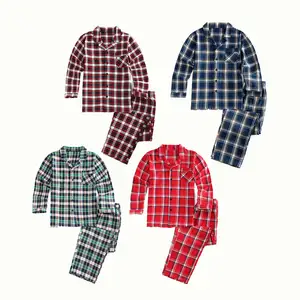 Setelan Piyama Flanel Lengan Panjang Unisex, Piyama Kasual Lengan Panjang Kotak-kotak Bahan Flanel untuk Keluarga Pria