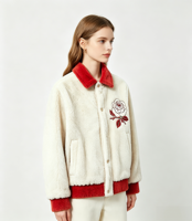 Blouson Bomber Sherpa Homme avec Broderie Rose, Col Rouge Contrastant, Boutons Pression, Chaud et Doux, Veste d'Hiver Style Universitaire