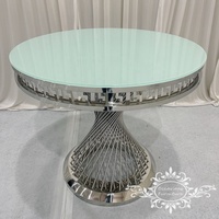 Tables de gâteau de mariage en filet argenté Dia90Cm Tables rondes en verre blanc en acier inoxydable Meubles