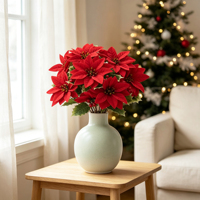 Karangan Bunga Poinsettia Natal Bunga Buatan untuk Pohon Natal, Mantel, Perapian, Teras, Vas, Meja, Dekorasi Liburan Musim Dingin, Hadiah Grosir