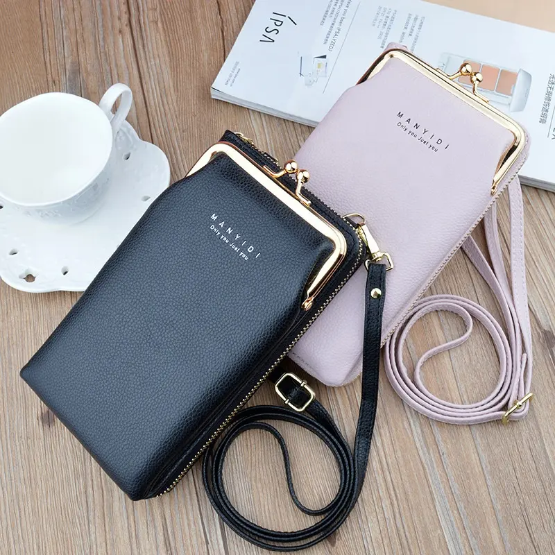 Casual Designer Simple Zipper Cellphone Pouch Change Key Messenger Bag Lychee Brieftasche Girl Women Wallet with Shoulder Strap